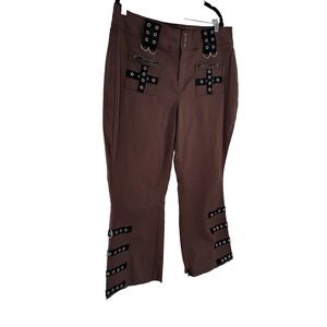 Hot Topic pants brown black cross cyber punk goth emo 18 Y2K hook loops metal